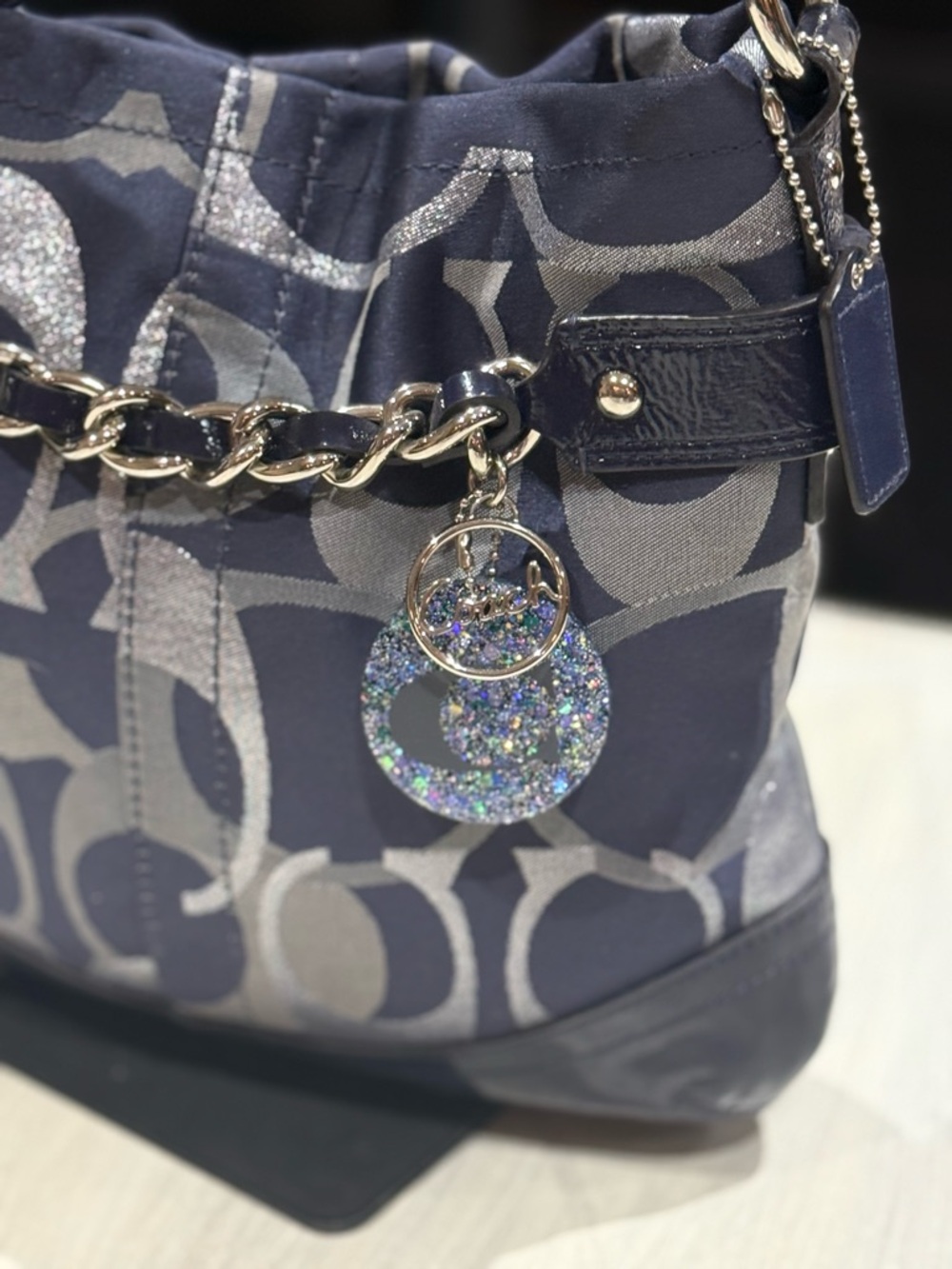 Coach Navy and Silver Signature Chain Shoulder Bag - Picture 2 of 12